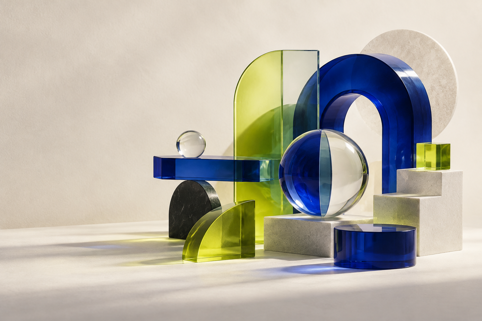 Composition sculpturale bleu cobalt et jaune chartreuse